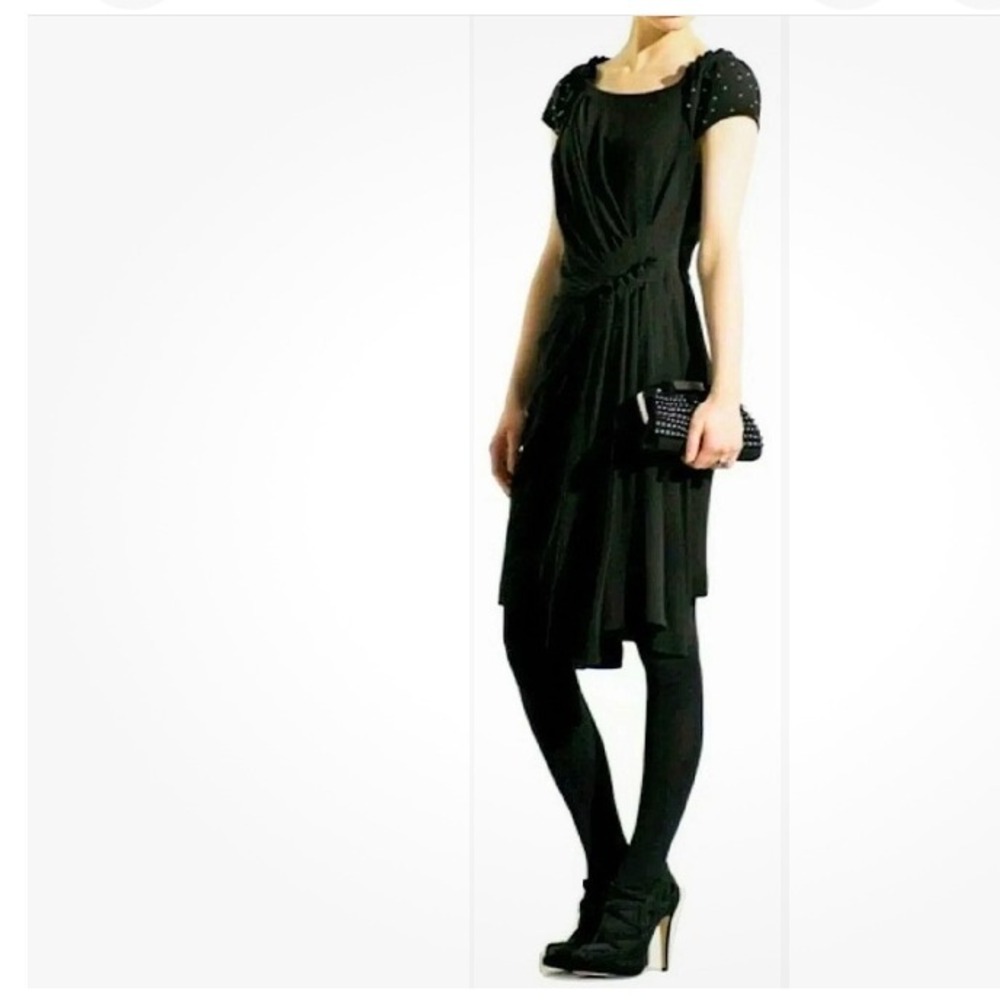 Karen‎ Millen Black Draped Beaded Short Sleeve Knee Length Dress Womens 4